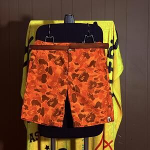 BAPE Bathing Ape Camouflage Board Shorts - Red Orange Ape Head Flame Camo